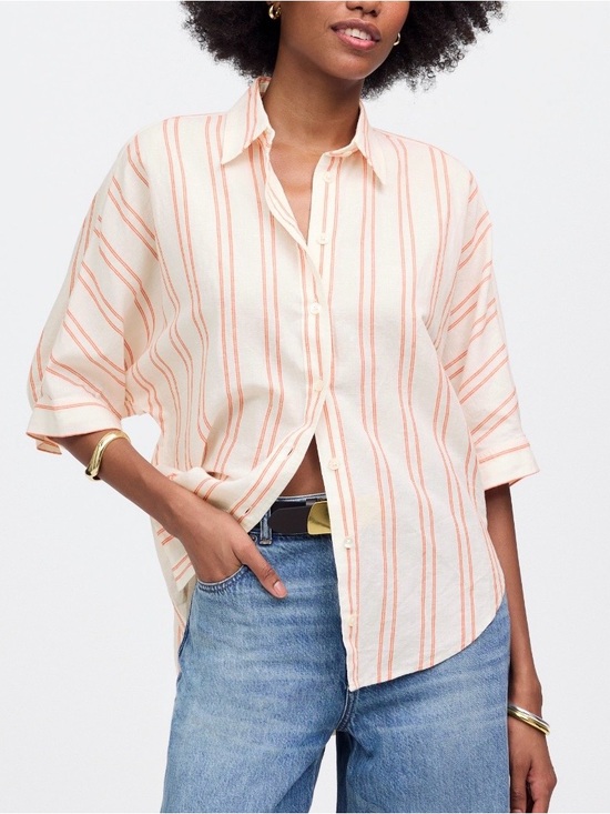 Madewell Tops - Madewell Oversized Pleated Sleeve Button Up Shirt in Bright Flame Stripe | XXL